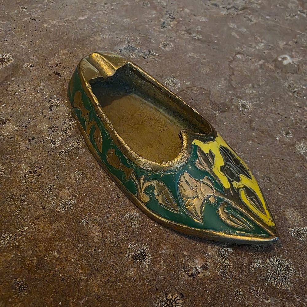 Vintage Brass Shoe Ashtray Enamel Hand Painted Green Yellow Slipper Trinket Dish